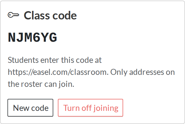The Class code panel with New code and Turn off joining buttons