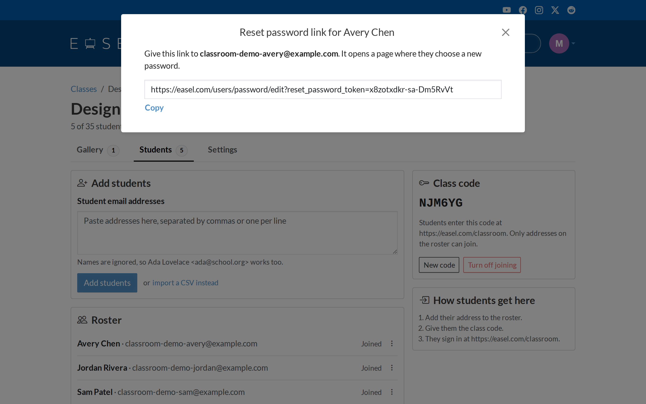 The reset password link window, with a Copy button