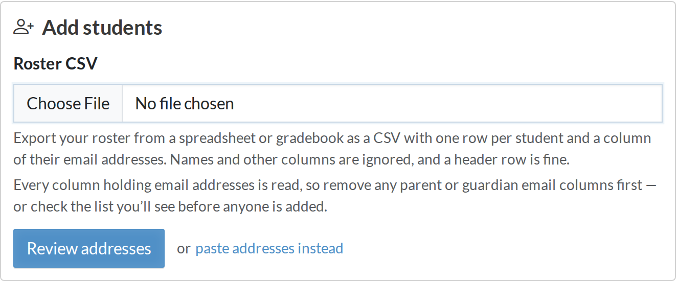 The Roster CSV upload, reached with import a CSV instead