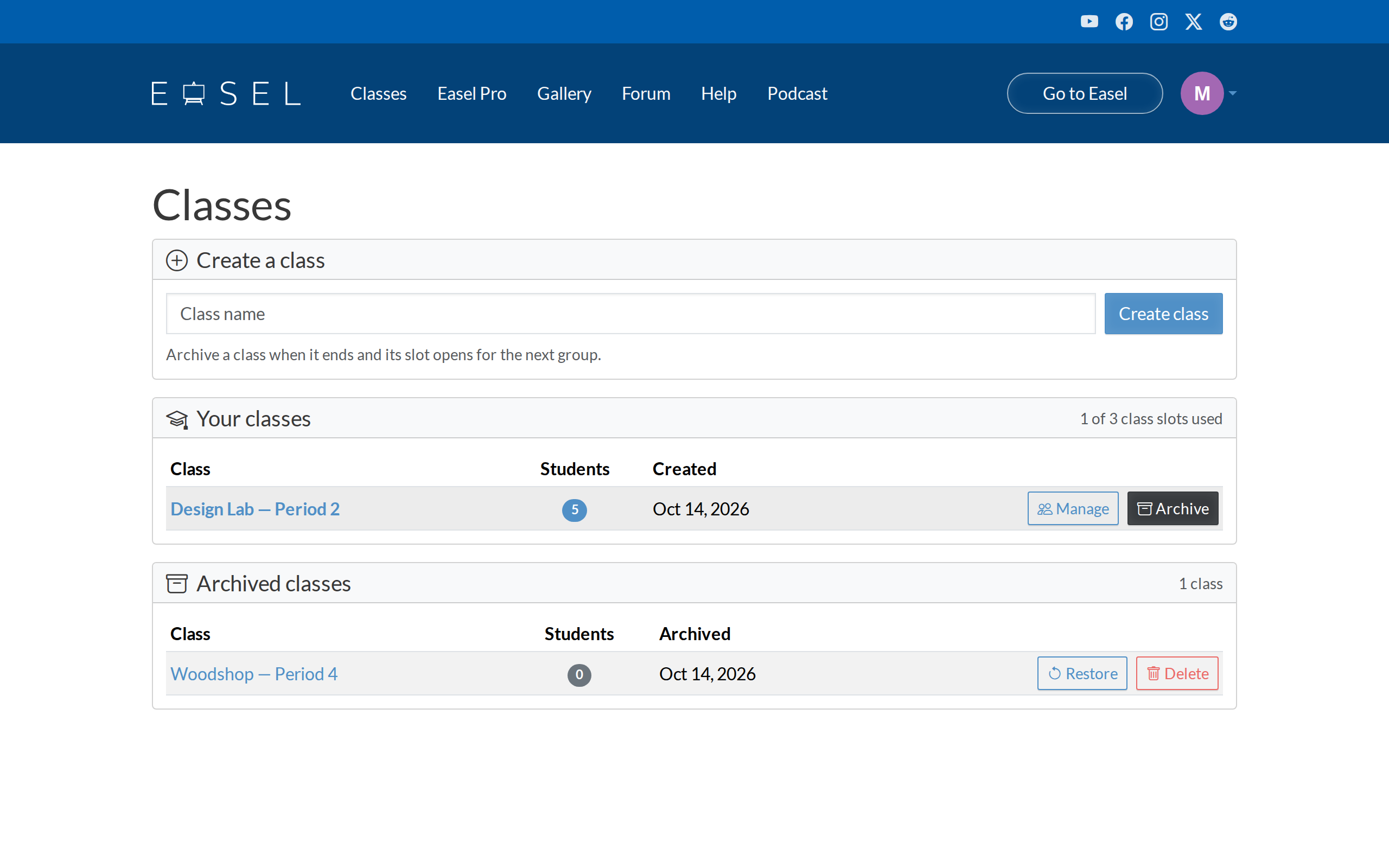 The Classes page with an archived class, showing Restore and Delete buttons