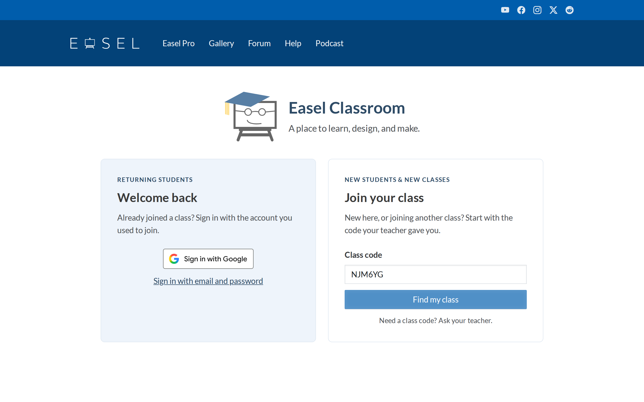 The Easel Classroom page, with Welcome back on the left and Join your class on the right