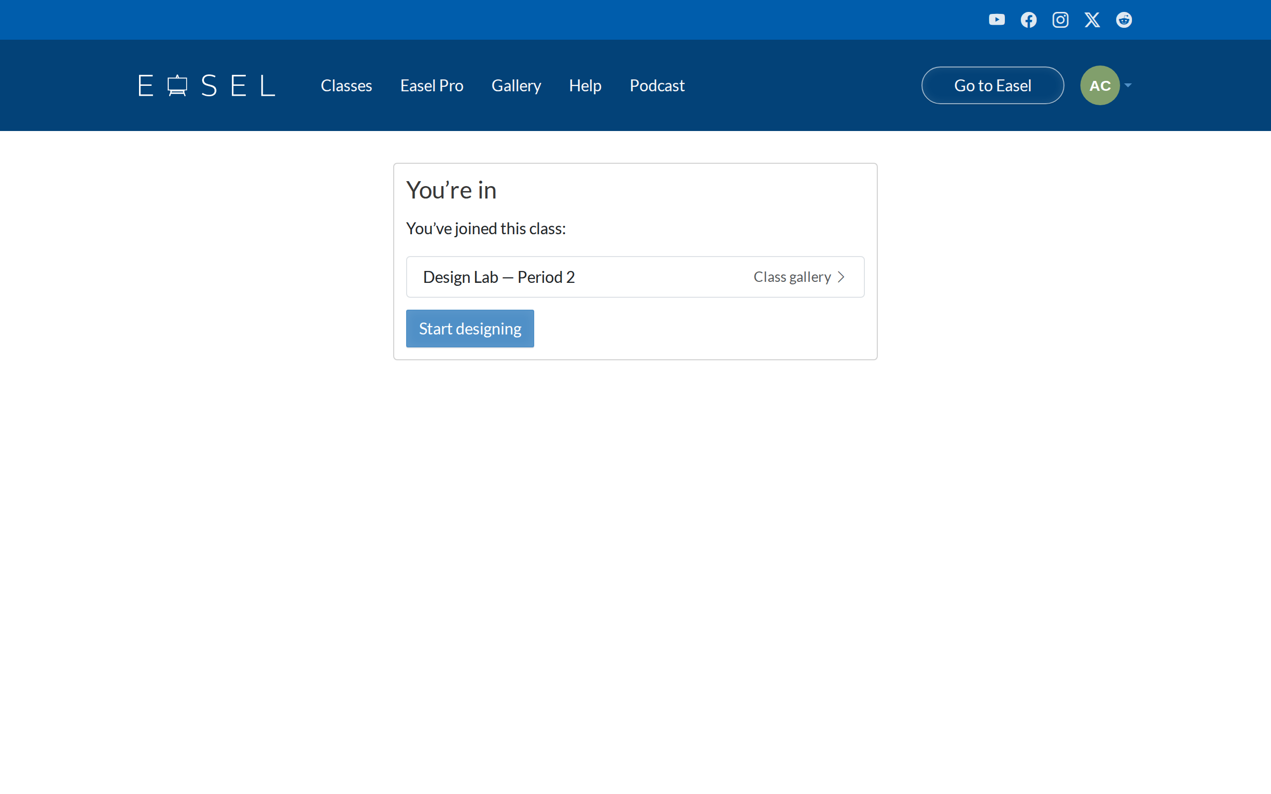 The You're in page, listing the class you joined and a Start designing button