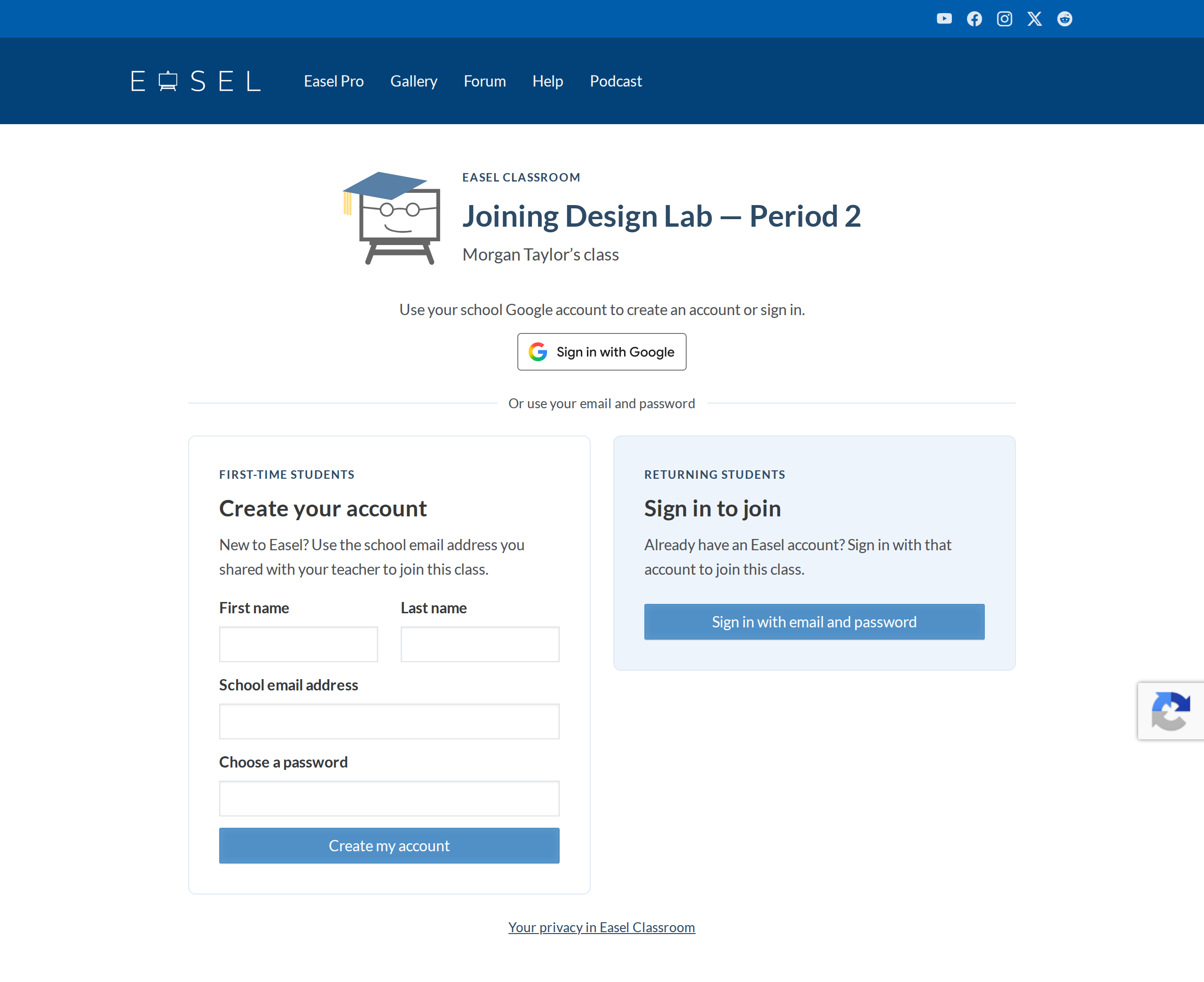 The join page for a class, with Sign in with Google and the Create your account form