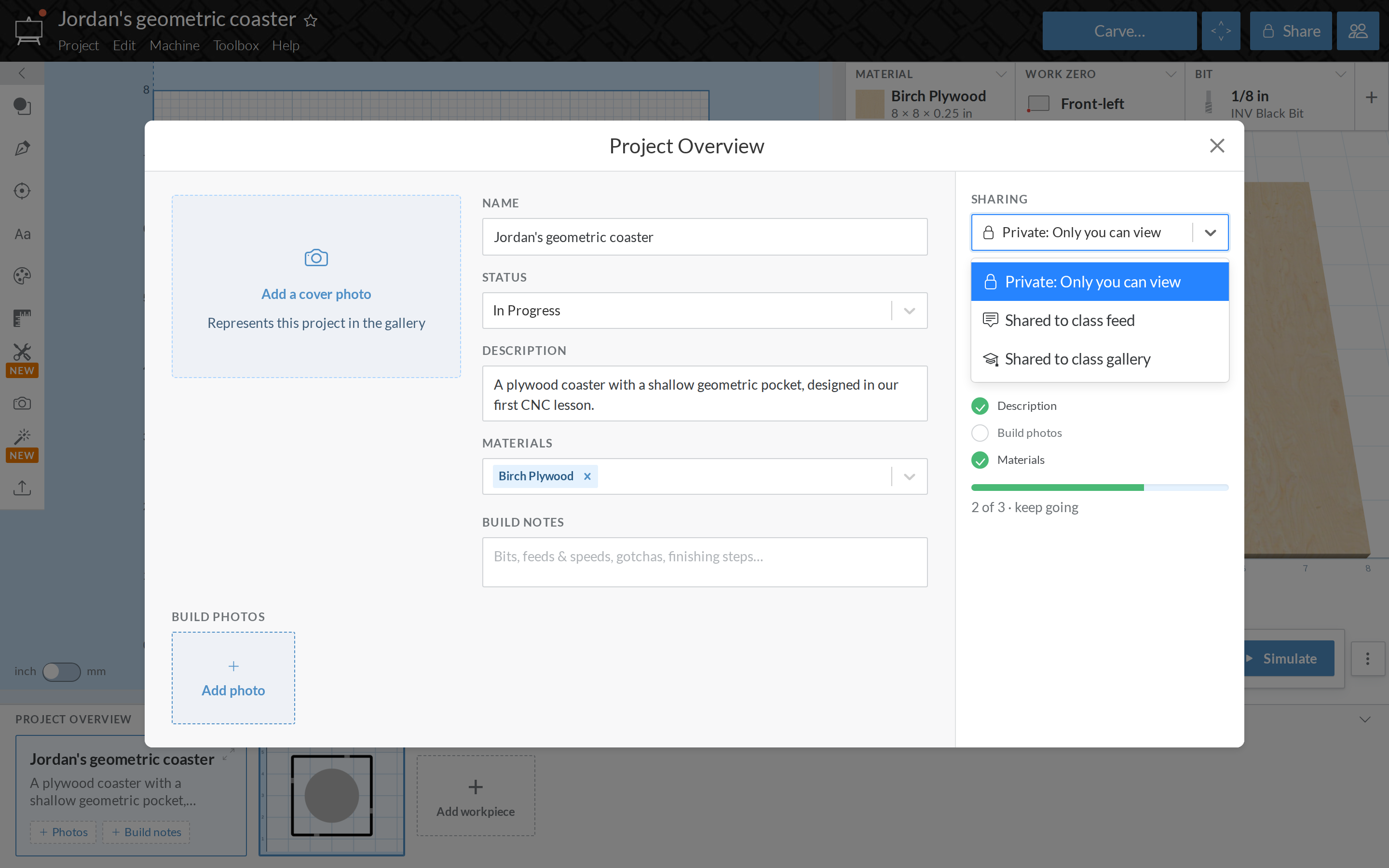 The Sharing menu in Project Overview, showing Private, Shared to class feed, and Shared to class gallery