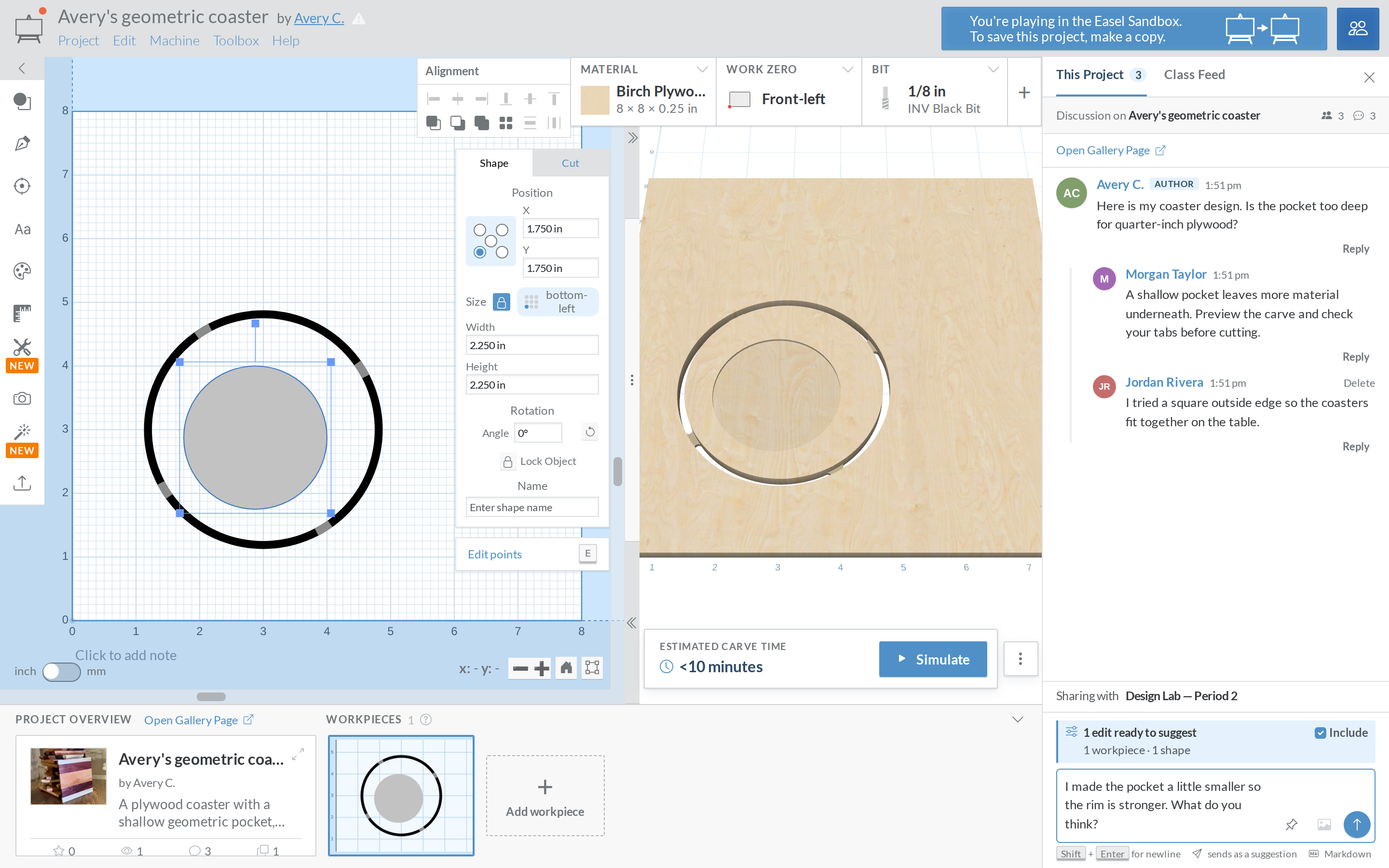 A classmate's project with a resized shape and the note "1 edit ready to suggest" above the comment box
